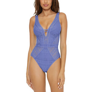 Becca Women Crochet Plunging One Piece Keyhole Swimsuit Cornflower Size XS